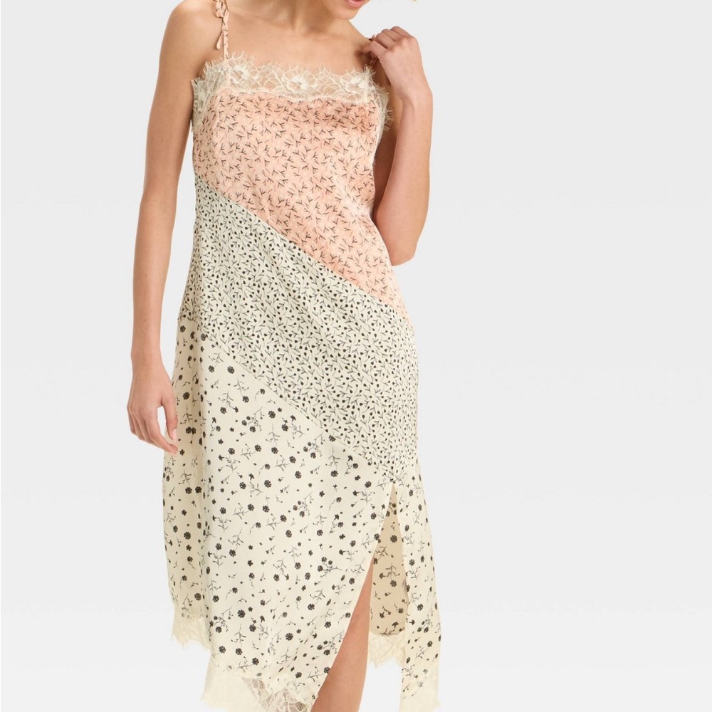 Asymmetrical Lace Trim Dress - Pink and Cream NWOT Size M